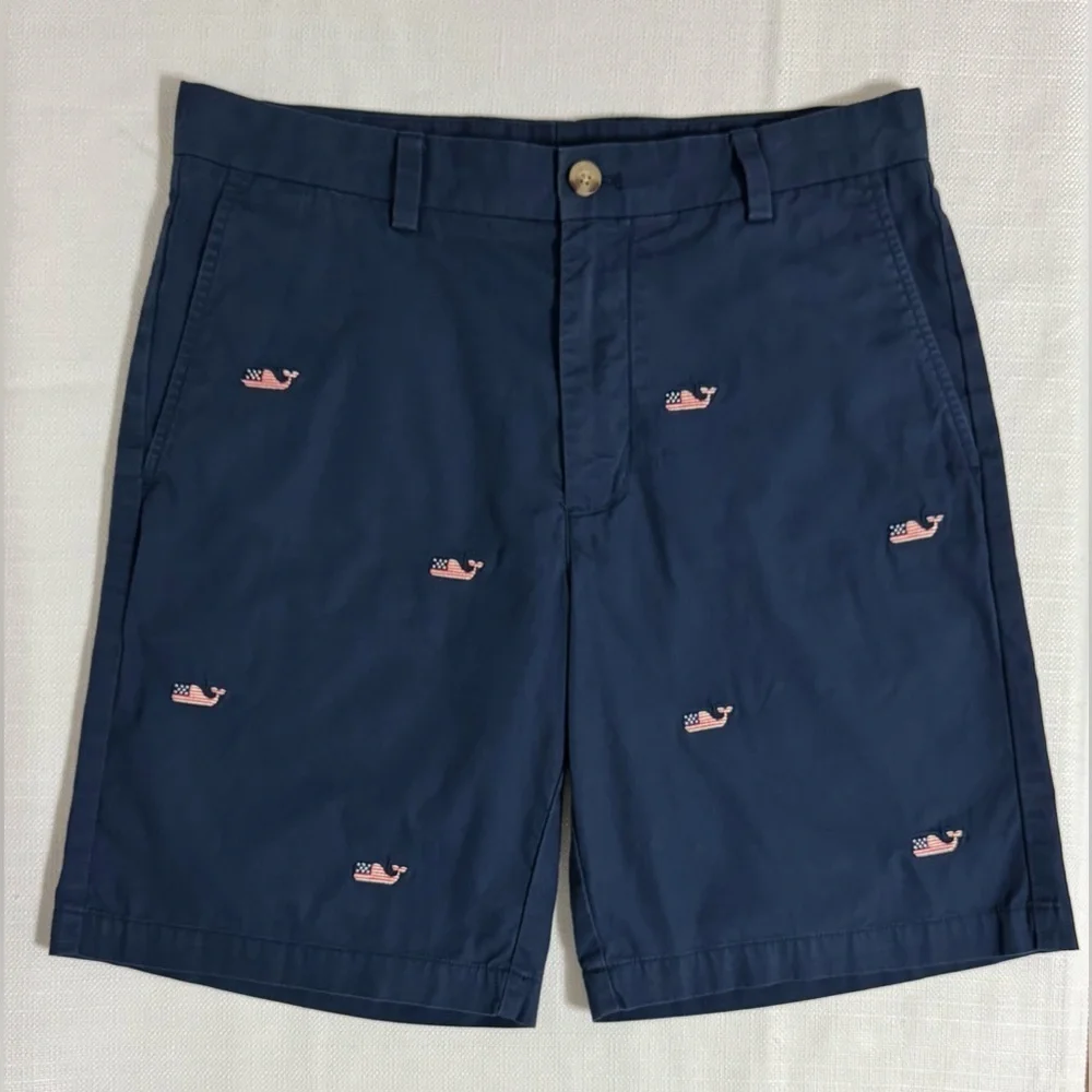 VINEYARD VINES Breaker Shorts Embroidered Flag Whales Mens Size 32 Navy Blue